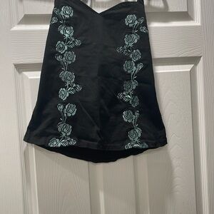Queen Kerosin Black Retro Halter top with Turquoise Embroidery